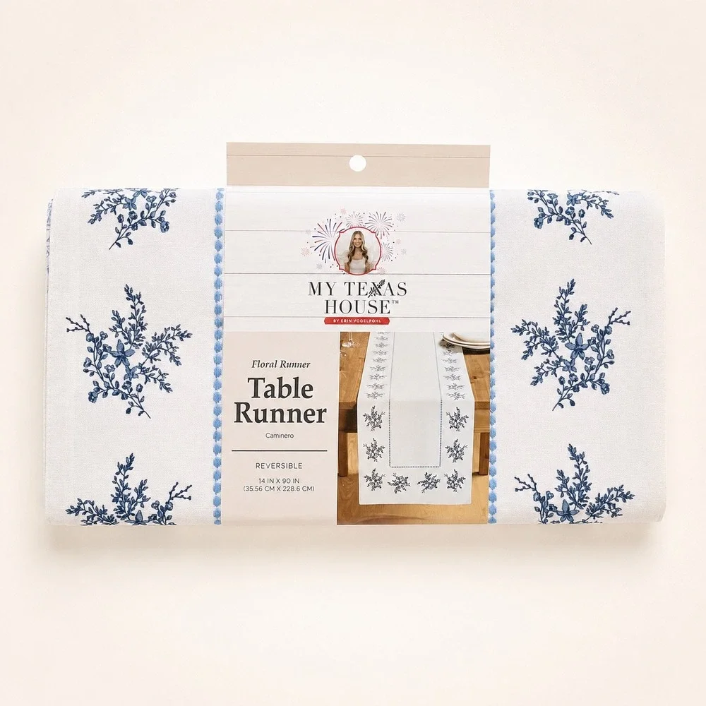 My Texas House Caminero Blue Floral Cotton Table Runner Reversible 14x90 New